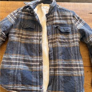 Faherty Blue Plaid Jacket with Cream Sherpa Lining